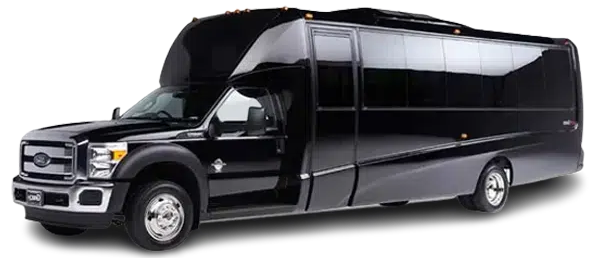 Black limousine-style bus with a Ford front. Door is open.