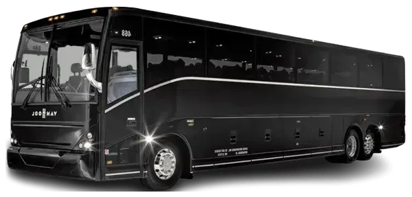 Black charter bus with tinted windows and chrome wheels.
