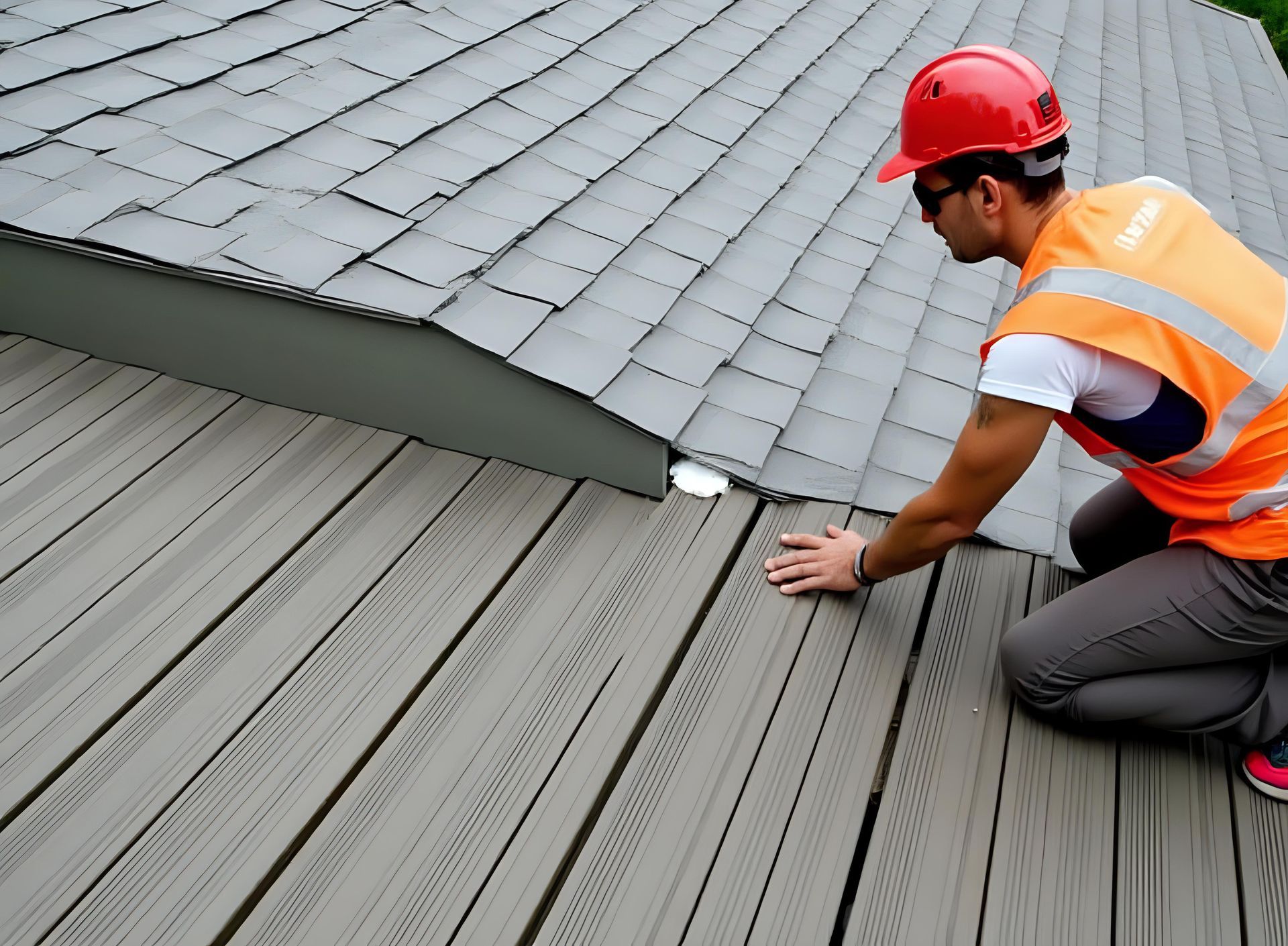 A man wearing a hard hat is kneeling on a wooden deck