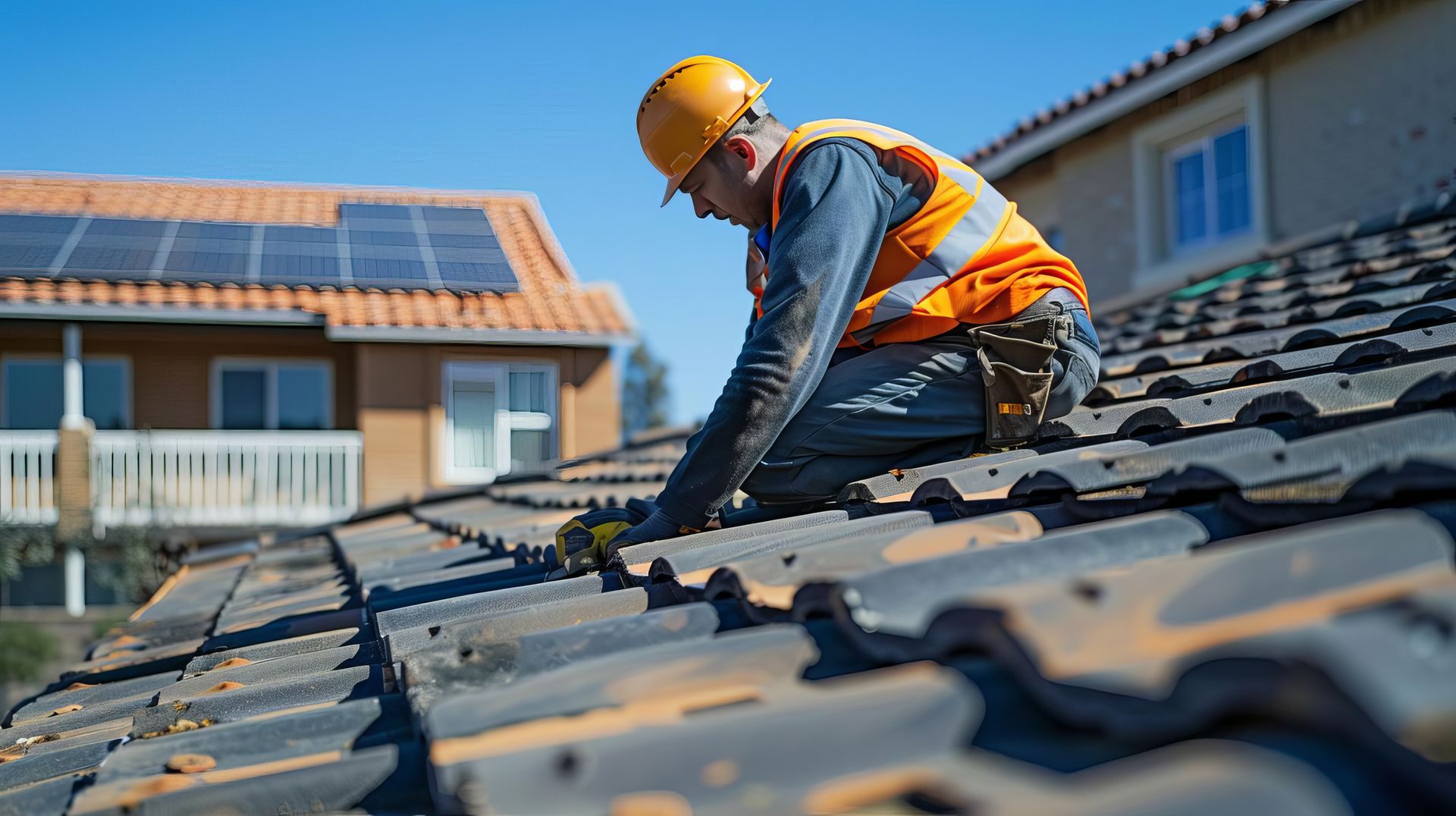 A man is working on the roof of a house.