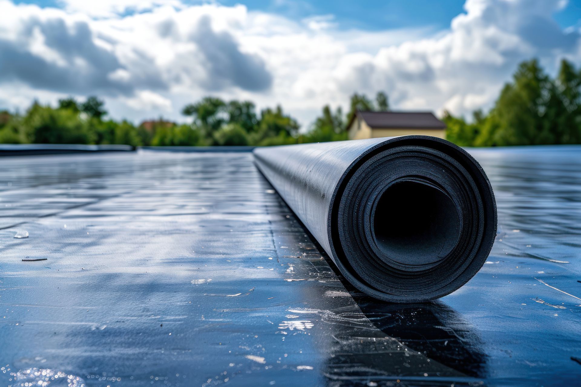 A roll of waterproofing material is sitting on top of a roof.
