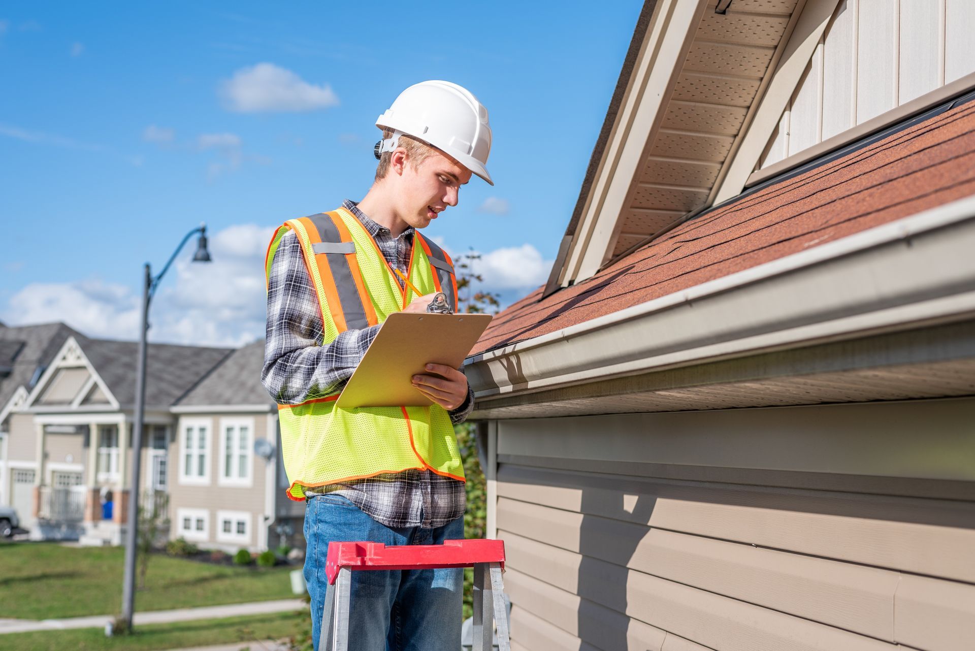 A man is standing on a ladder looking at a gutter on a house.