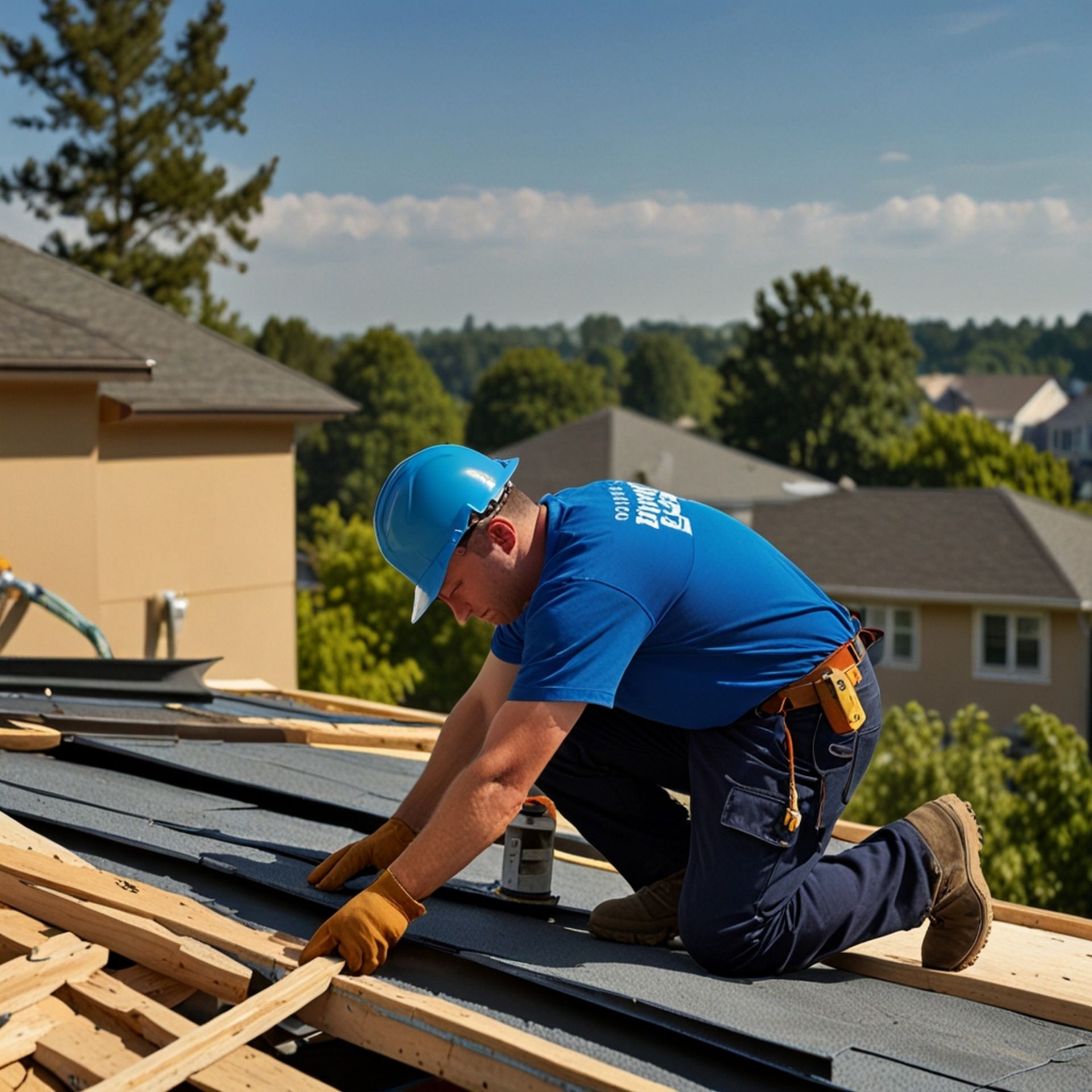 A man wearing a hard hat is working on a roof