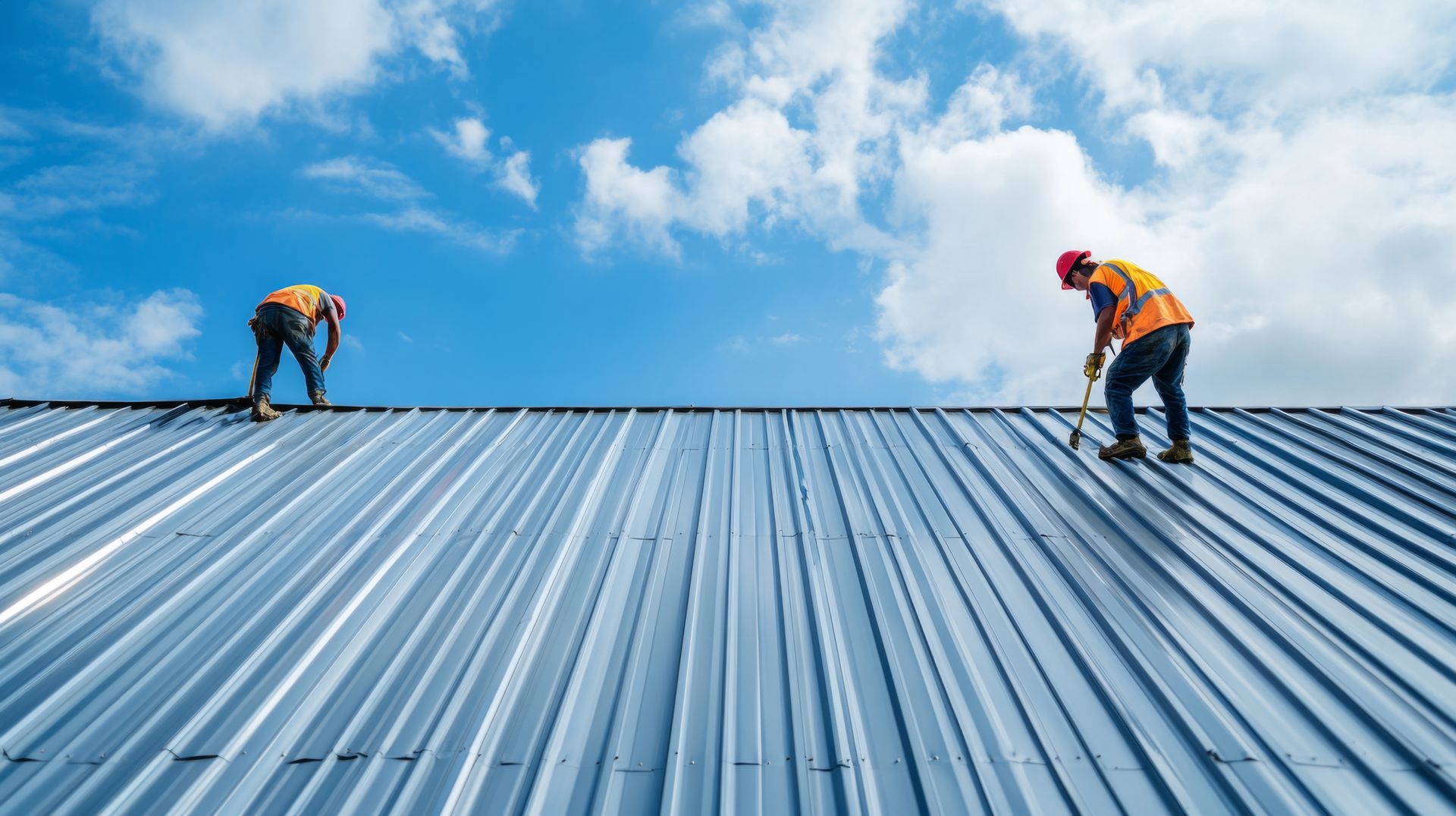 Two men are working on a metal roof.