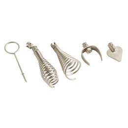 Five metal drain cleaning tools are laid out, including a key, two spiral-shaped augers, a hook-shaped tool, and a flat heart-shaped tool.
