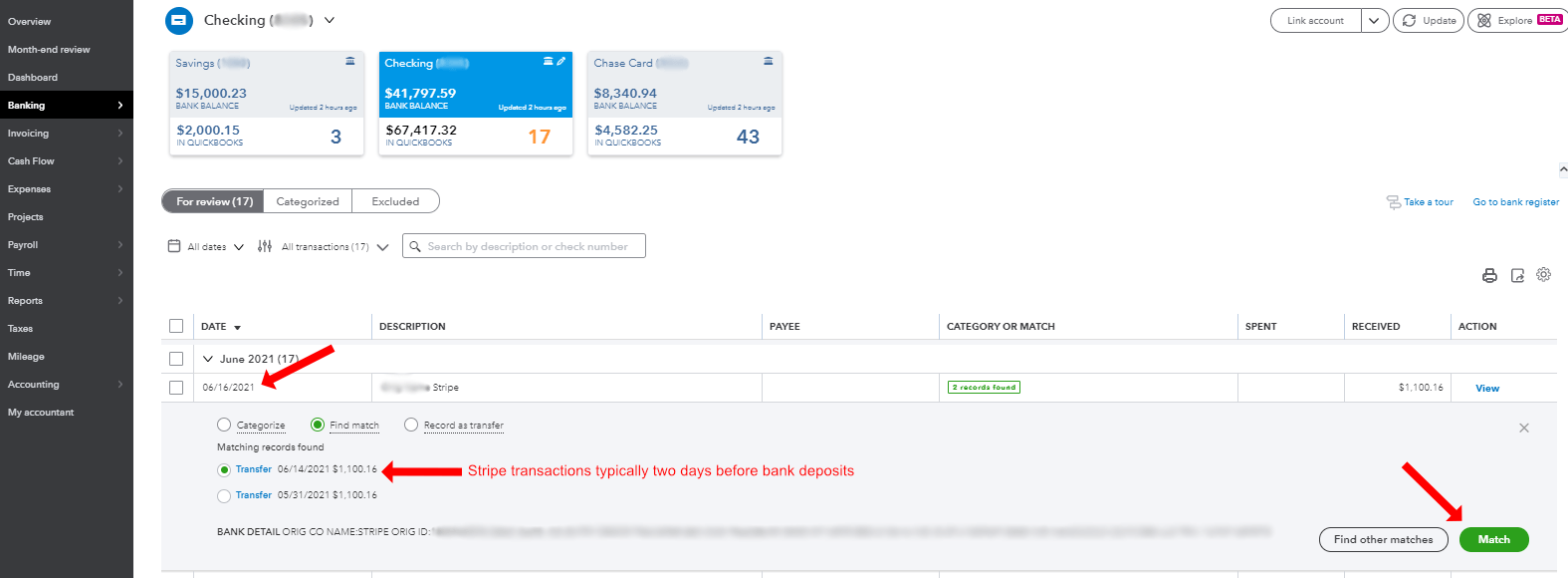 Once the Payout transaction is synced in Synder, you will be able to see and Match these transactions in the corresponding bank account. However, if you have more than one transfer with same amount with two different dates you need to select find match and select relevant transfer amount based on date of transfer. Typically Stripe transfer deposited in bank account after two days from the transfer date. 