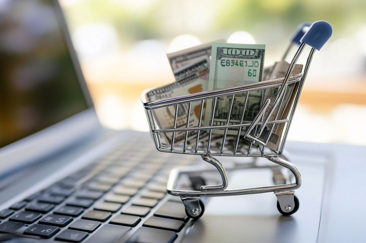 A shopping cart filled with money is sitting on top of a laptop keyboard.