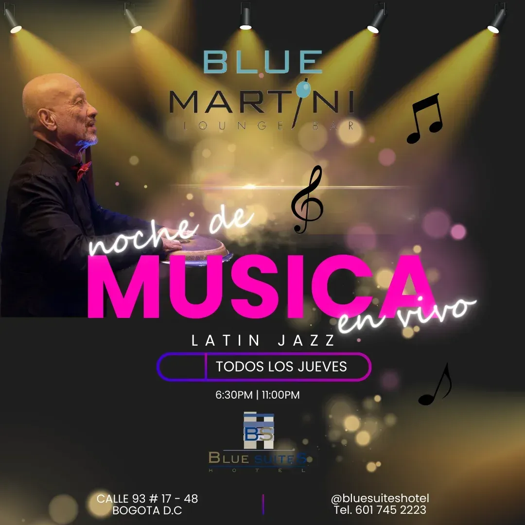 Un cartel para un concierto de jazz latino en Blue Martini.