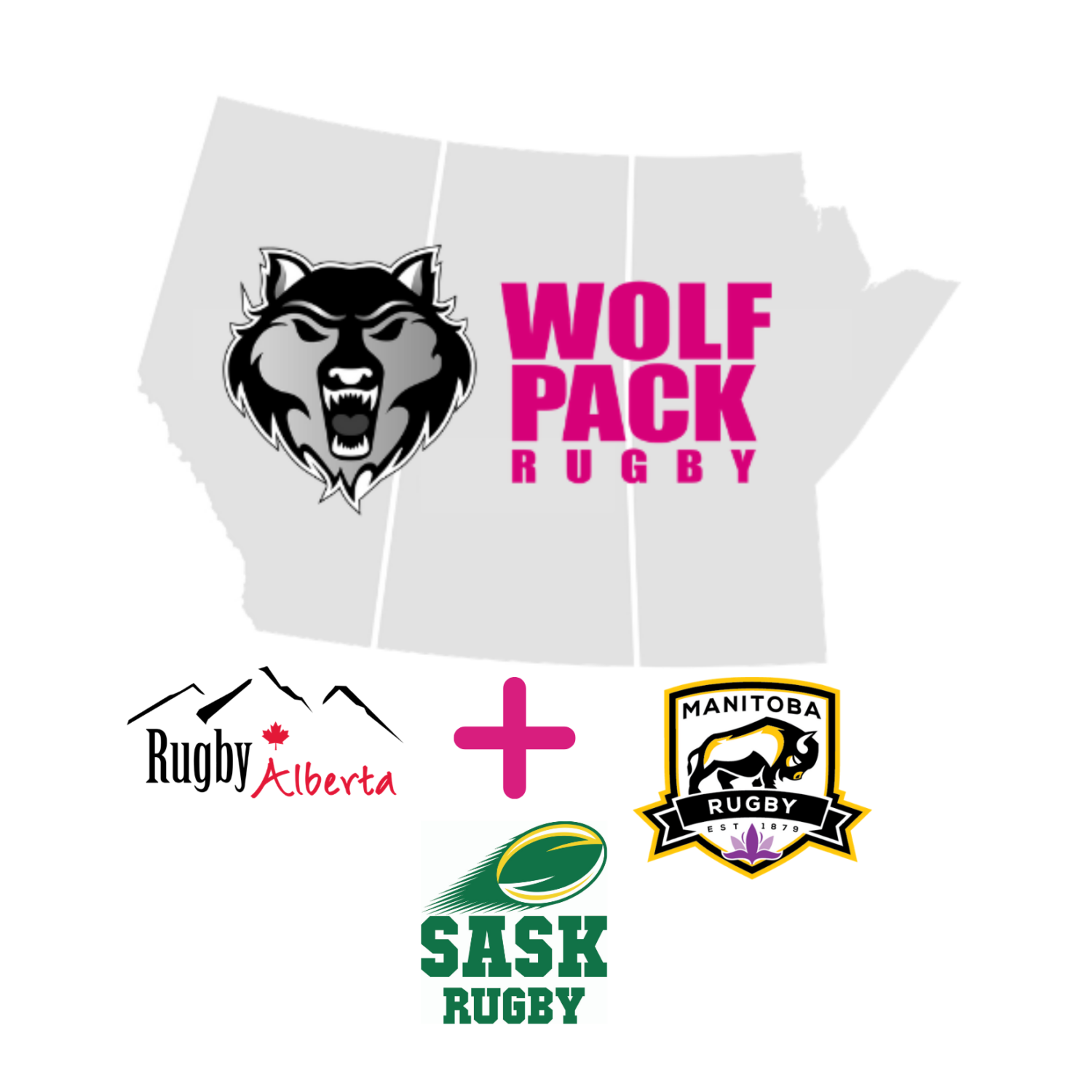 Wolf Pack Rugby logo over a map of Alberta, Saskatchewan, and Manitoba, with Rugby Alberta, Sask Rugby, and Manitoba Rugby.