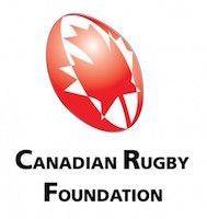 Logo of the Canadian Rugby Foundation featuring a stylized red rugby ball with a white maple leaf cutout.