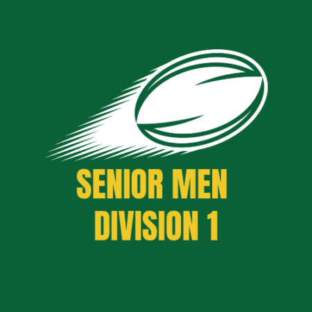A white graphic of a rugby ball in motion above yellow text that reads 