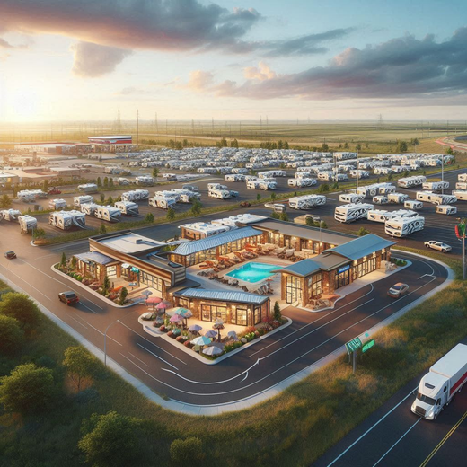 Aerial view of a modern RV park with a central building including a pool, surrounded by rows of RVs, under a sunset sky.