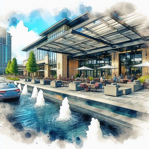 Modern restaurant with outdoor seating, fountains, and a car on the street. Blue sky, beige and brown building.