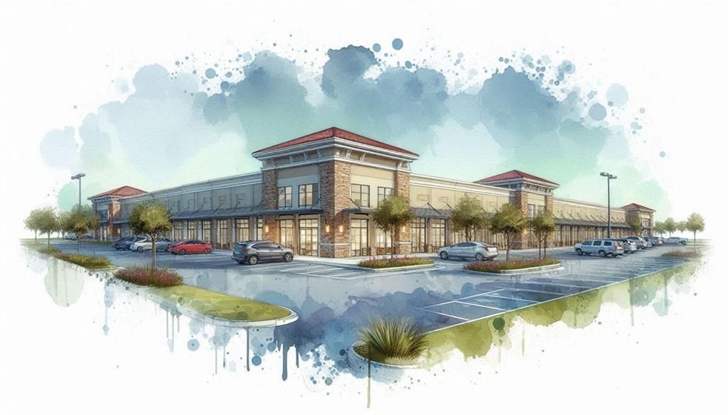 Watercolor rendering of a commercial building with shops, parking lot, trees, and blue sky.