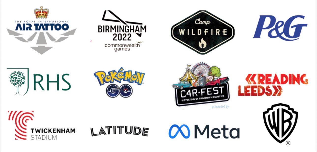 Logos for Air Tattoo, Birmingham 2022, Wildfire, P&G, RHS, Pokémon Go, Car Fest, Reading Leeds, Twickenham Stadium, Latitude, Meta, WB.