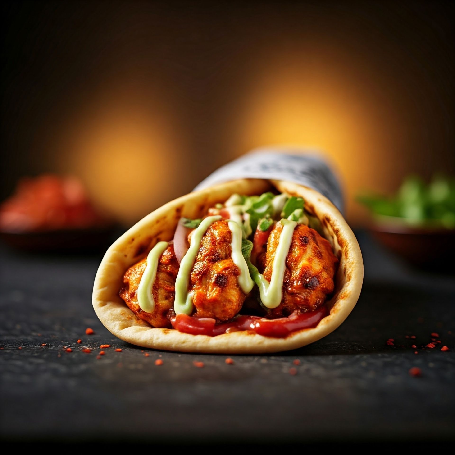 Paneer wrap on a dark surface, filled with paneer, vegetables, and sauce.