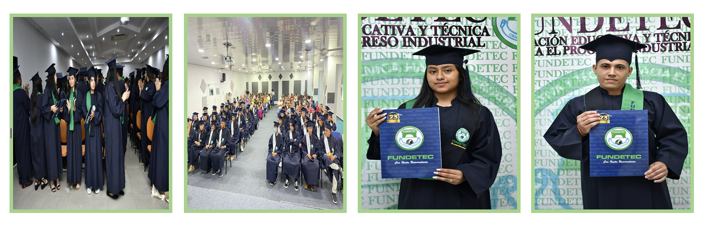 Graduados con atuendos académicos en una ceremonia en la que se muestran dos retratos individuales sosteniendo 