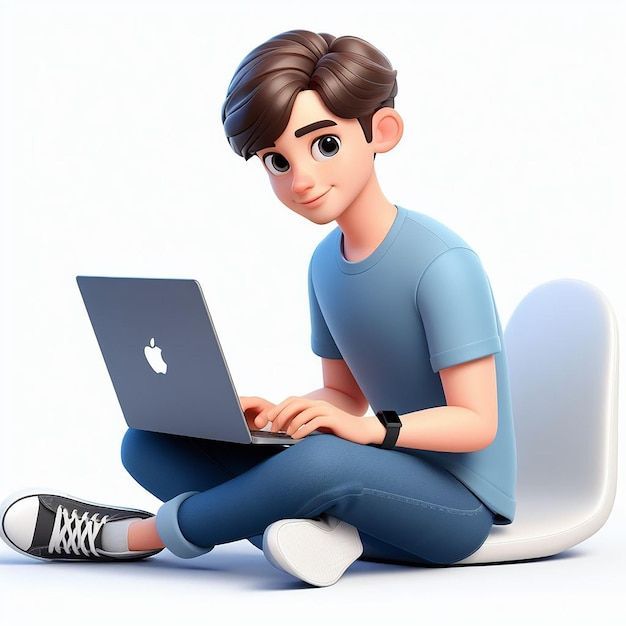 Un personaje 3D con una camiseta azul y jeans sentado y usando una computadora portátil plateada sobre un fondo blanco.