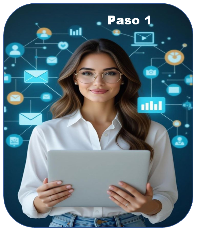 Una persona sostiene una computadora portátil sobre un fondo de iconos de redes digitales con el texto 
