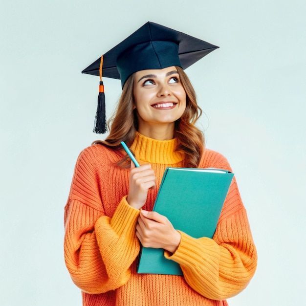 Una persona sonriente con un birrete de graduación, sosteniendo un cuaderno azul y un bolígrafo sobre un fondo claro.
