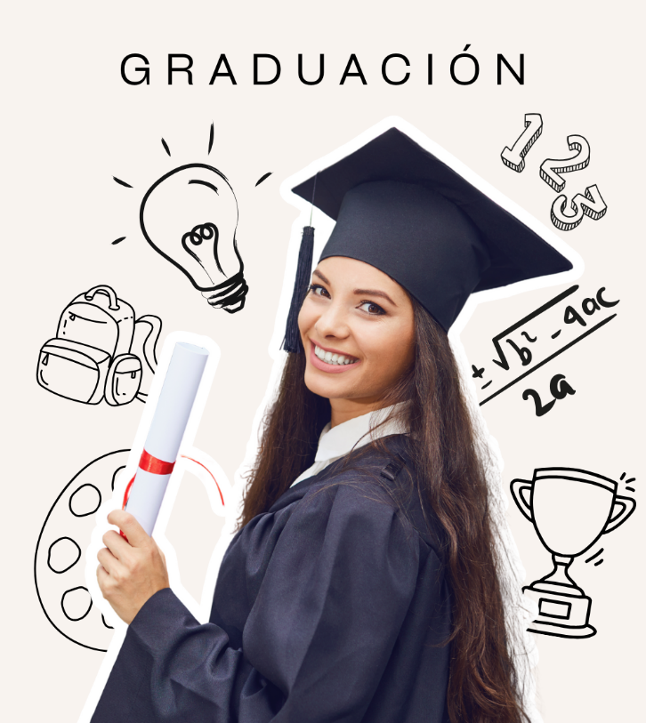 Un graduado sonriente con toga y birrete sostiene un diploma, rodeado de iconos estilo garabato de una bombilla,