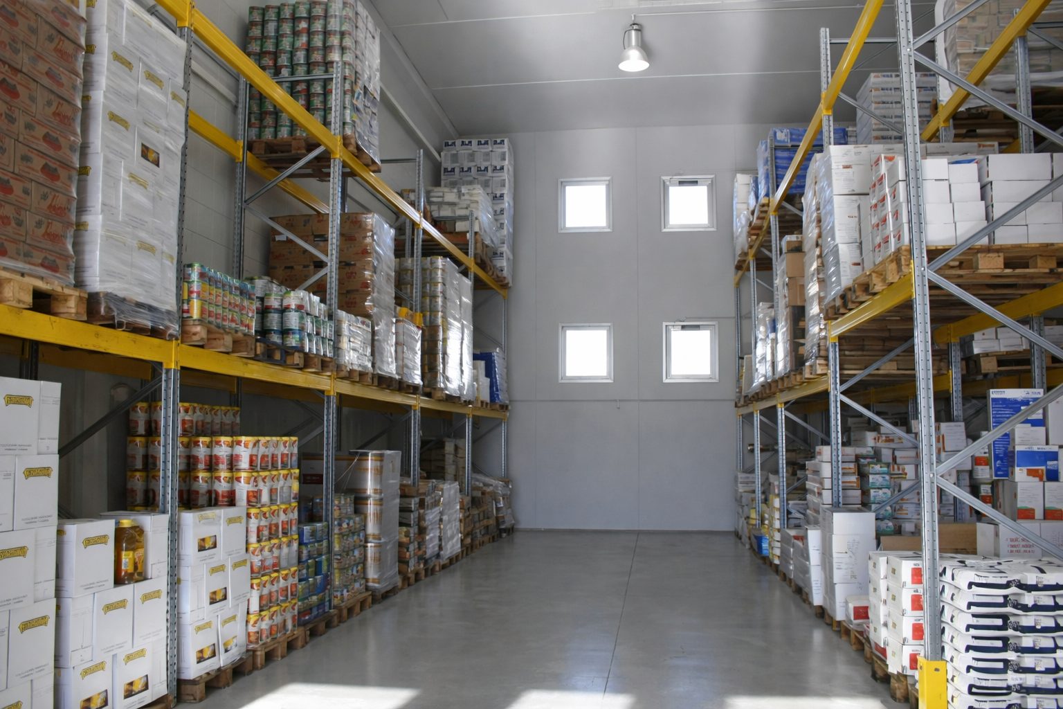 Interno di un magazzino con scaffalature contenenti scatole e lattine impilate. Illuminazione fluorescente, pavimento grigio.