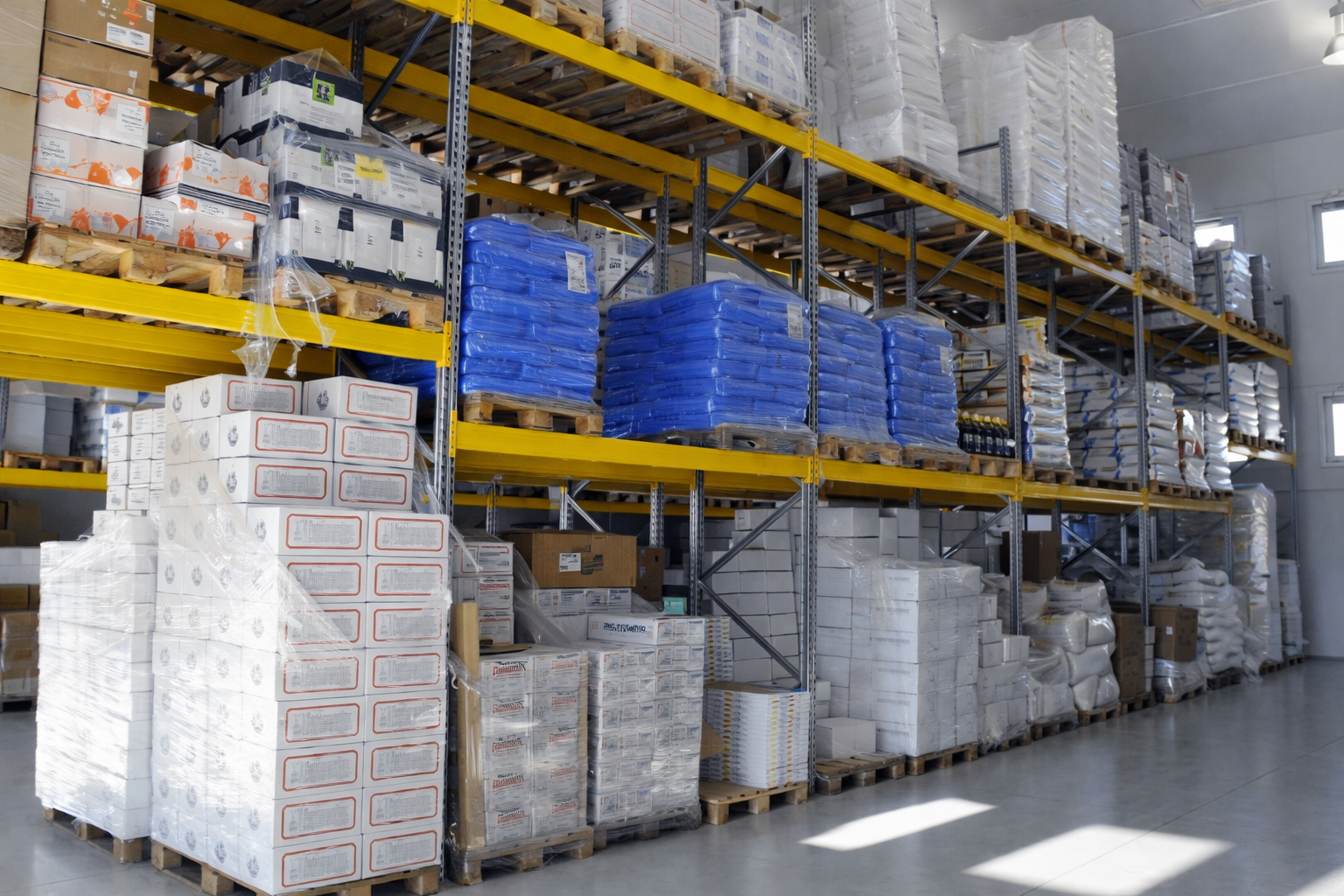 Scaffali del magazzino pieni di scatole e pallet avvolti.