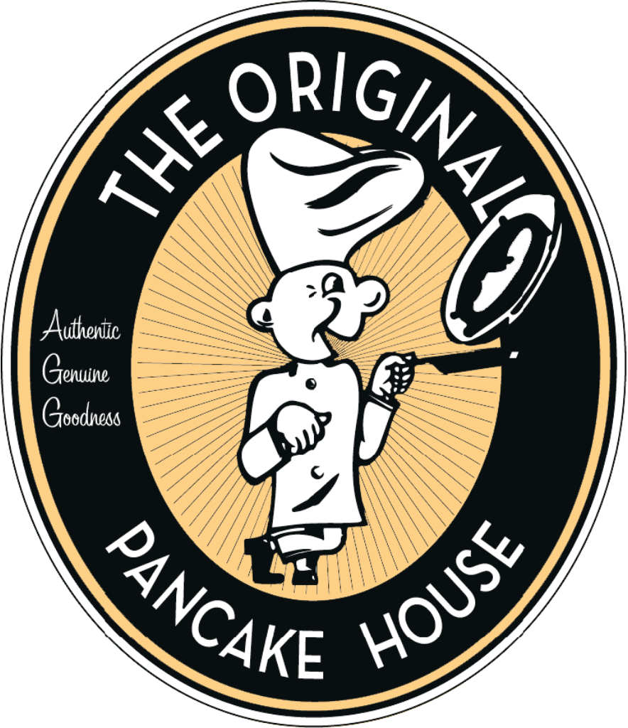 Logo for The Original Pancake House Brookfield, with a chef flipping a pancake.