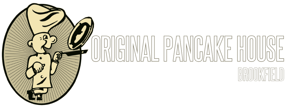 Home Page OPH Brookfield Logo of The Original Pancake House, Brookfield. A chef flips a pancake; text in red and white.