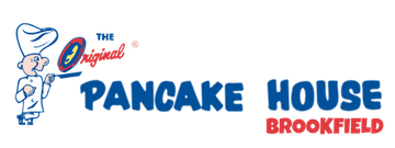 Logo for The Original Pancake House Brookfield, with a chef flipping a pancake.