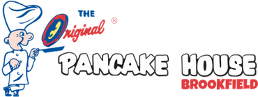 Logo of The Original Pancake House, Brookfield. A chef flips a pancake; text in red and white.