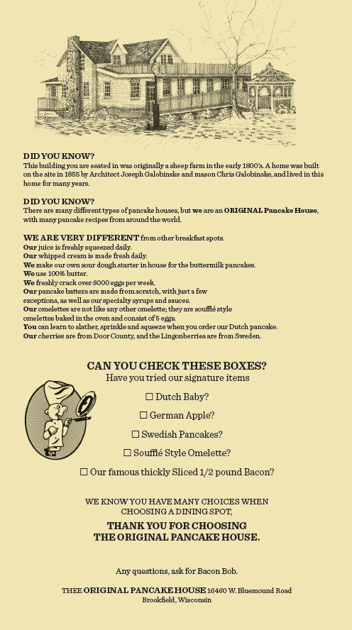 Original Pancake House menu, featuring pancake, French toast, waffle, and crepes options.