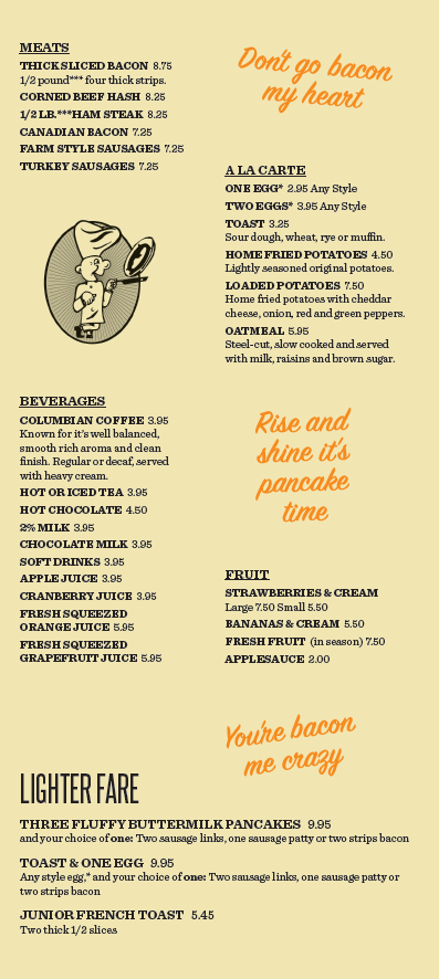 Original Pancake House menu, featuring pancake, French toast, waffle, and crepes options.