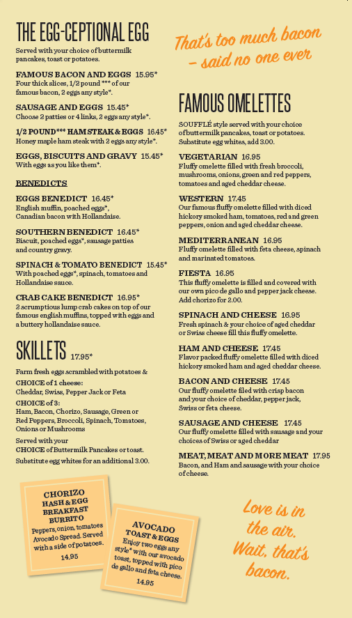 Original Pancake House menu, featuring pancake, French toast, waffle, and crepes options.