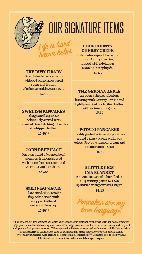 Original Pancake House menu, featuring pancake, French toast, waffle, and crepes options.