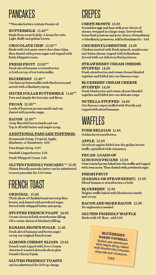 Original Pancake House menu, featuring pancake, French toast, waffle, and crepes options.