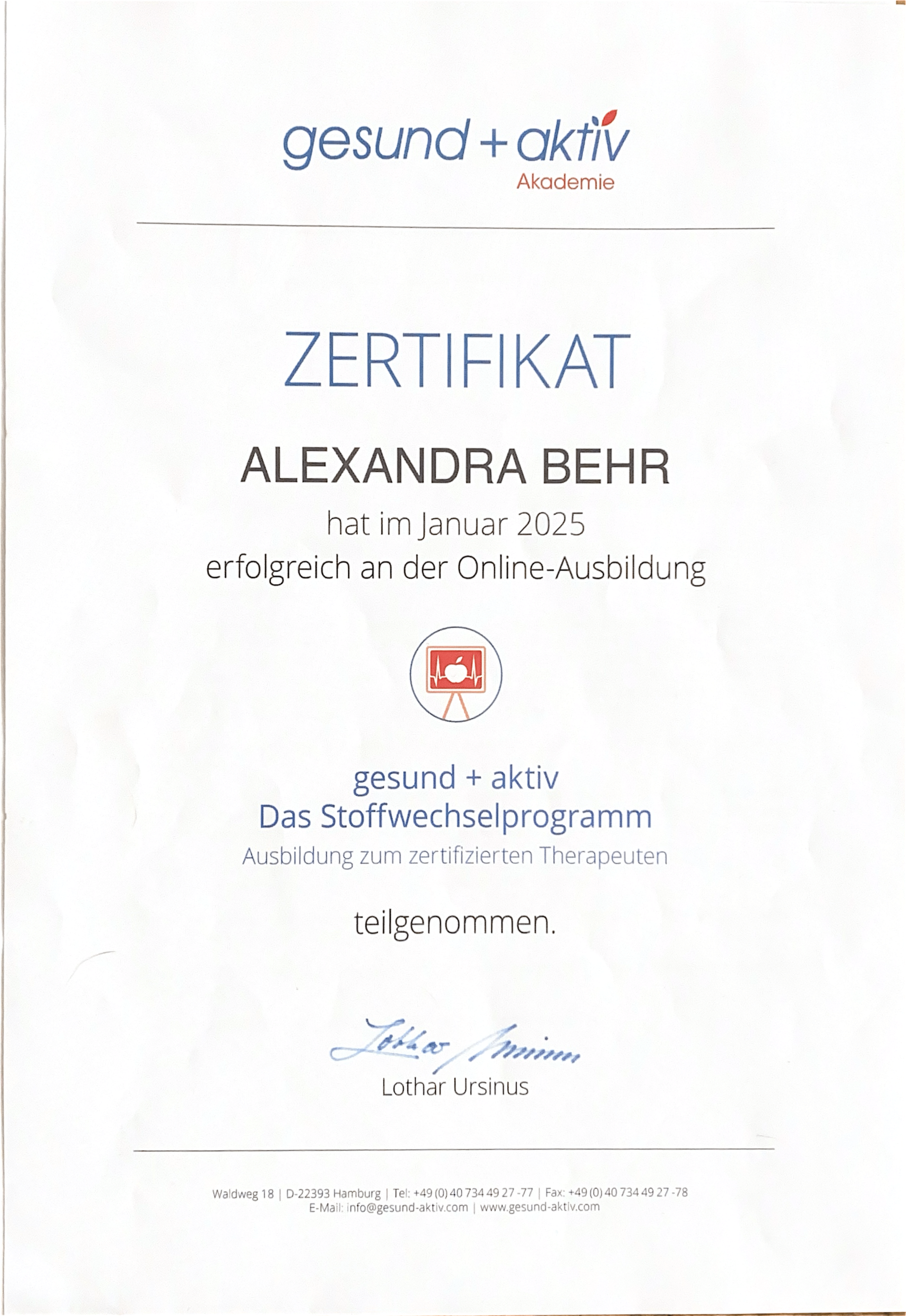 Ein Zertifikat mit der Aufschrift „Zertifikat metabolic balance“