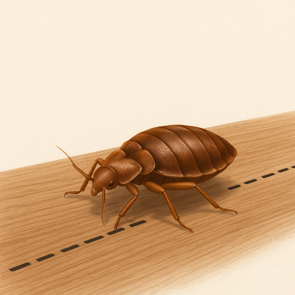 Illustration réaliste d’une punaise de lit marchant le long d’une ligne pointillée sur une surface 