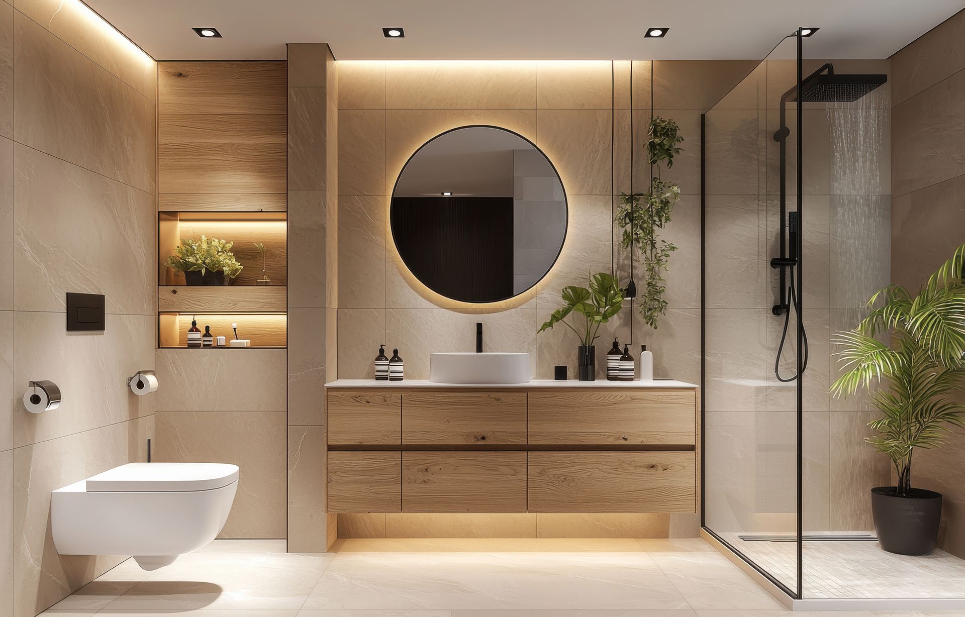 Une salle de bain avec WC, lavabo, miroir et douche à l'italienne.