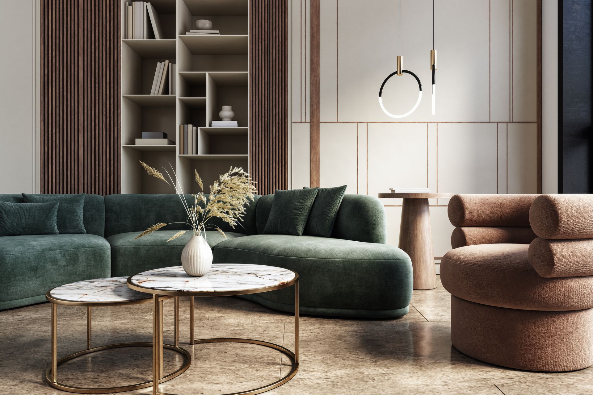 Una stanza con tavoli e sedie e un dipinto sul muro