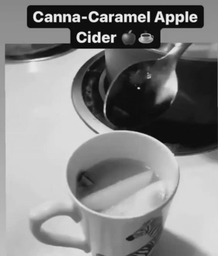 A black-and-white photo shows a mug of apple cider with a spoon nearby, labeled