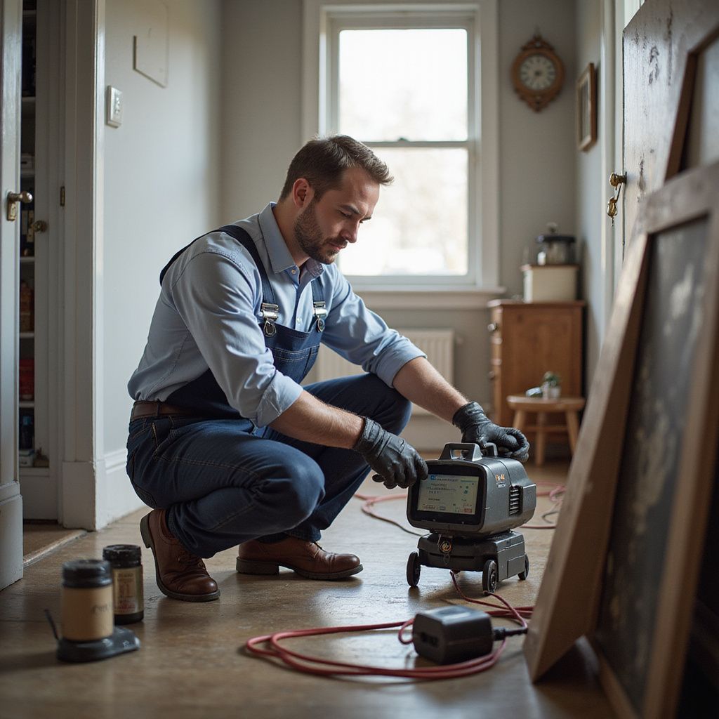 A person wearing work clothes crouches near a machine in a hallway, possibly performing maintenance. Bathroom plumber in NEGA