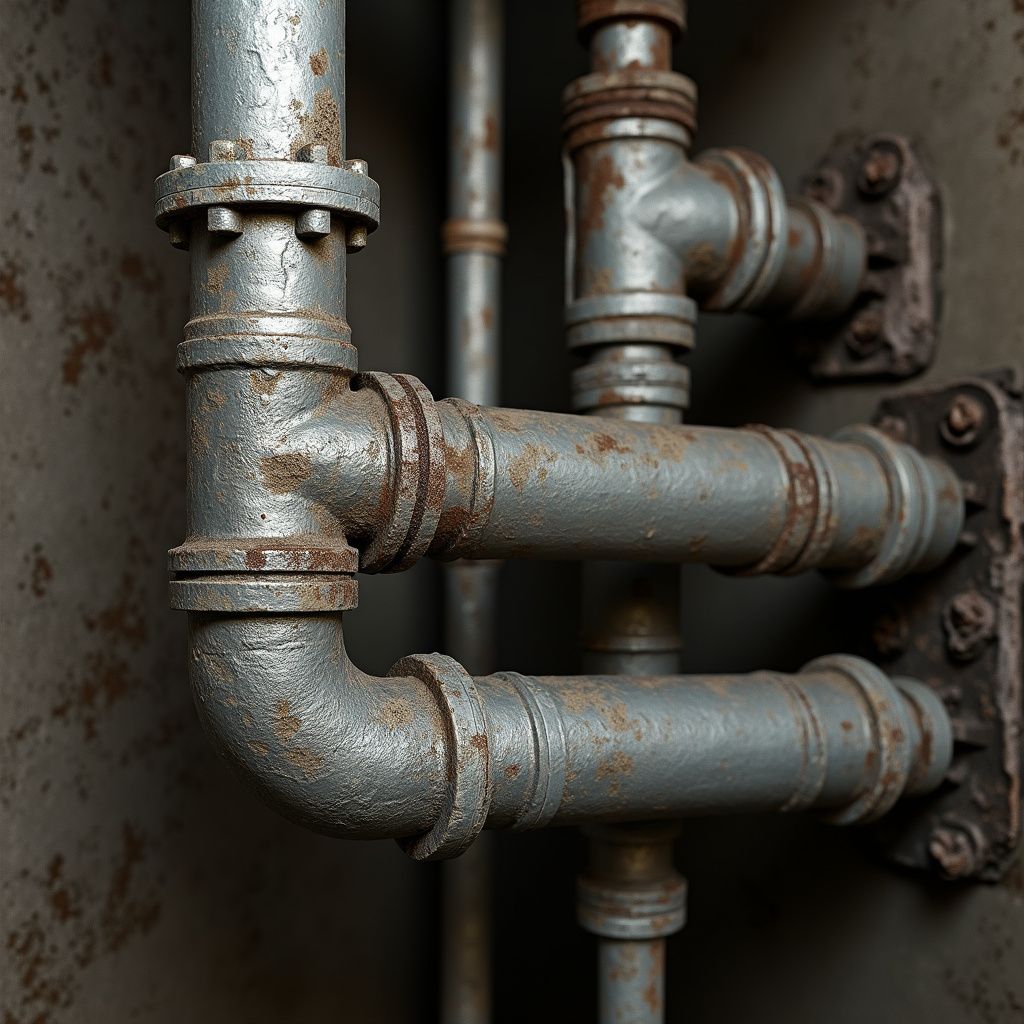 Rusty metal pipes with fittings against a mottled, rust-colored wall. Leaky and rusted pipe replacement in North Georgia.