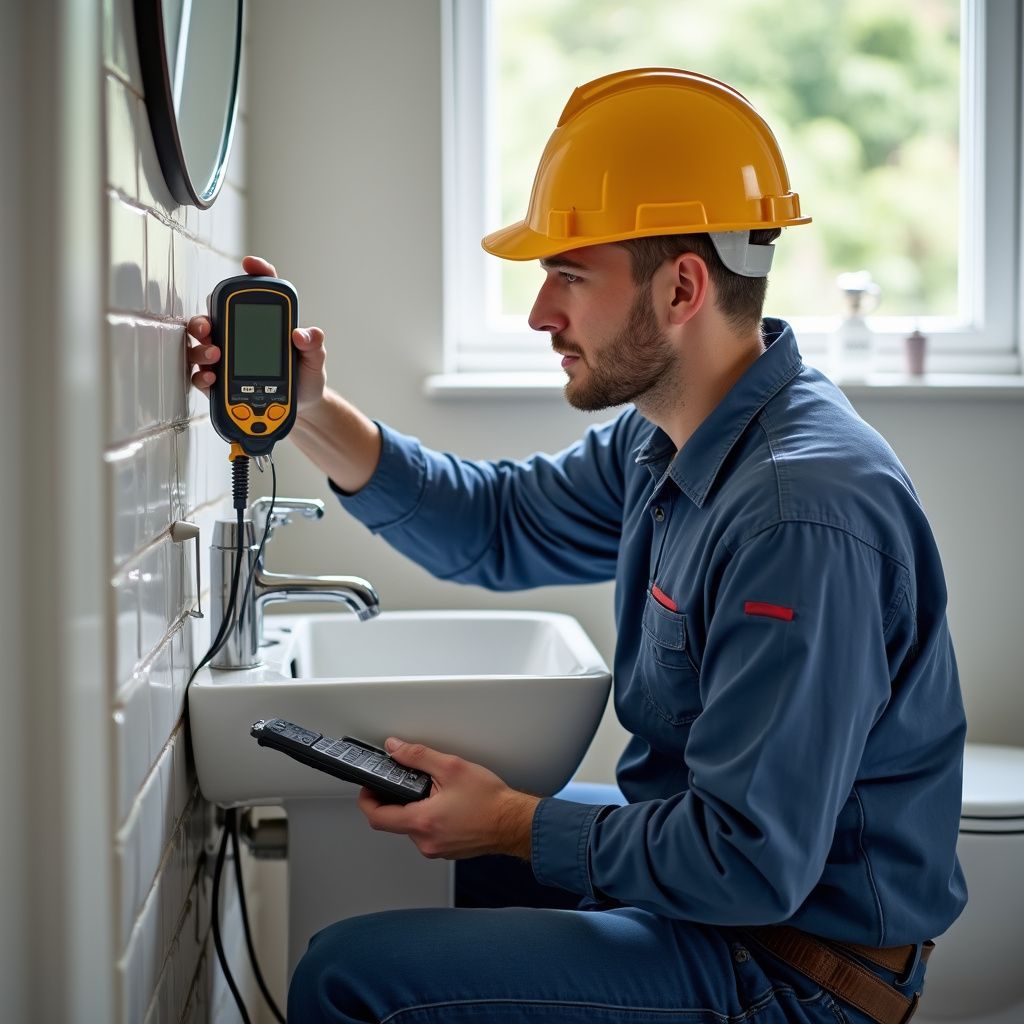 Man in blue jumpsuit and yellow hard hat using a testing device near a sink in a bathroom. Leak detection and leak repair.