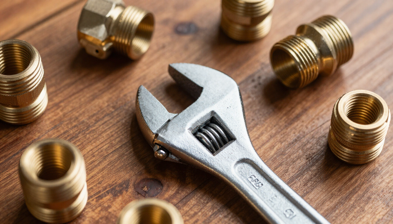 Plumbing tools and pipes on a workbench