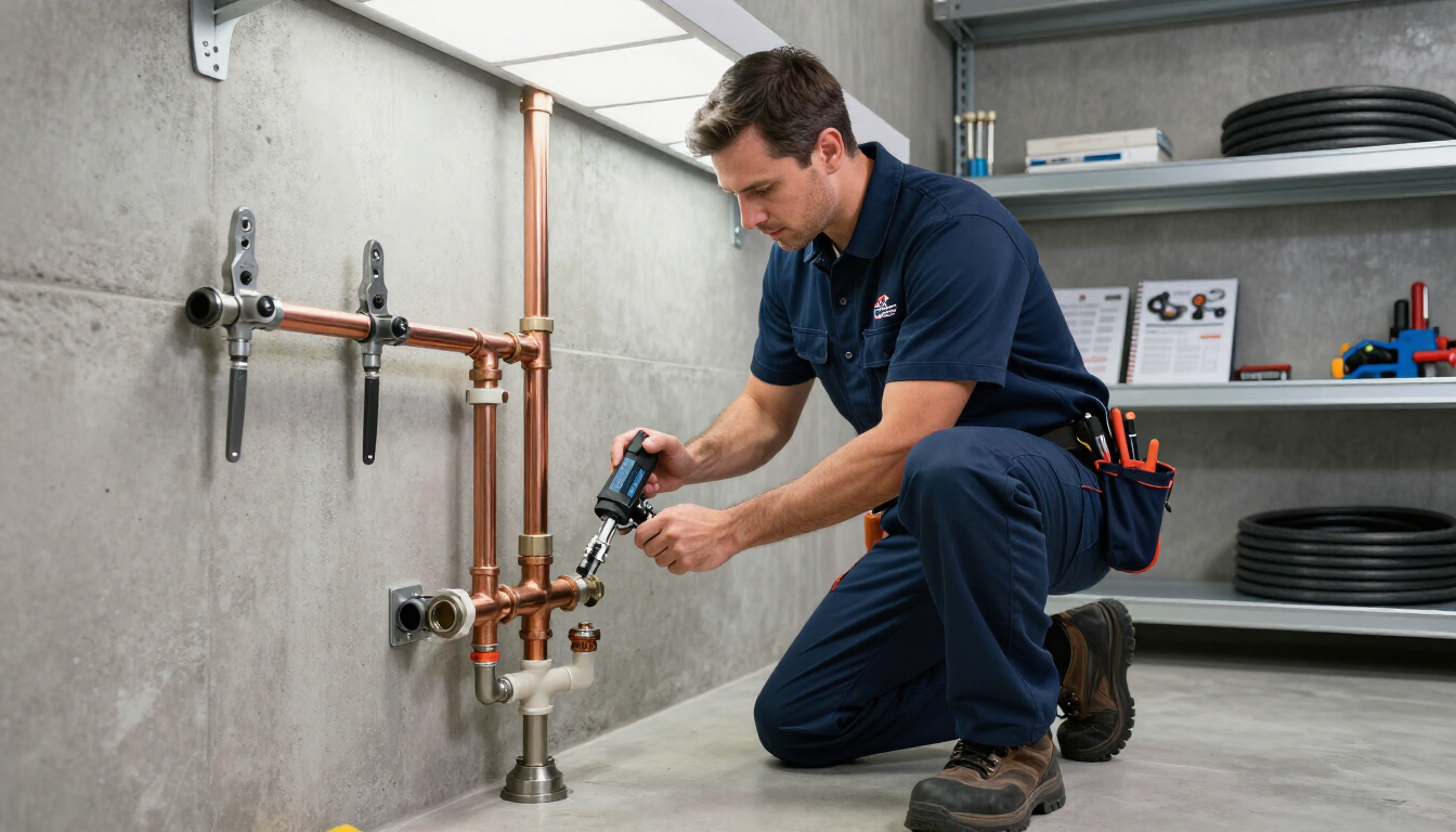 Professional plumber working on a complex pipe system