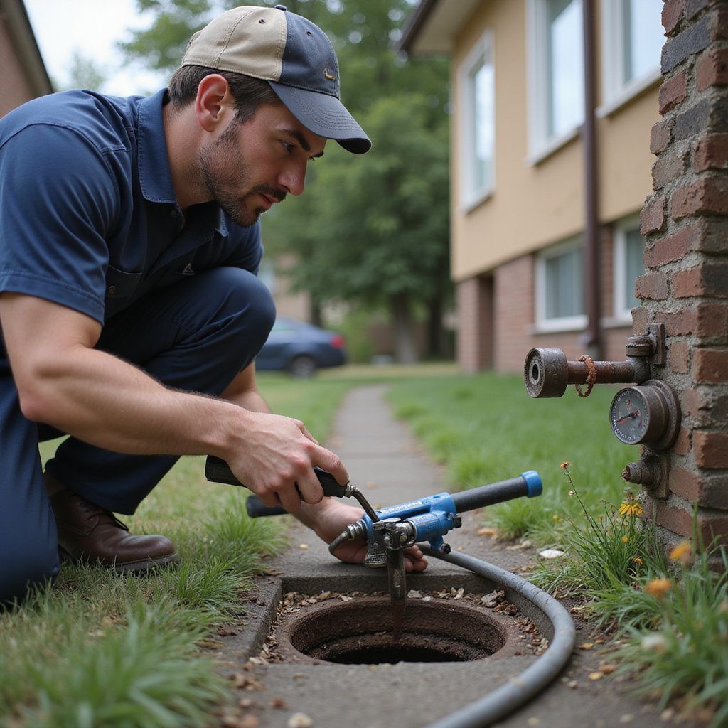 Man in blue working on a water meter in a yard, kneeling, using a wrench. Drain cleaning and sewer plumbers in Northeast GA.