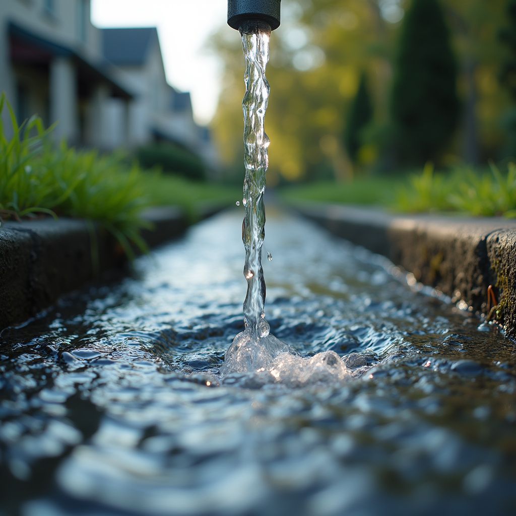 Water flowing from a pipe into a narrow stream along a sidewalk, with houses and trees in background. Outdoor pipe water leak