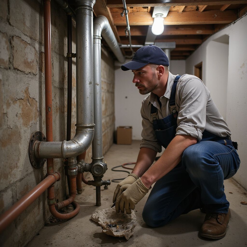 Man inspecting pipes in a basement, wearing overalls and gloves, kneeling, with a concerned expression. Basement plumbing.
