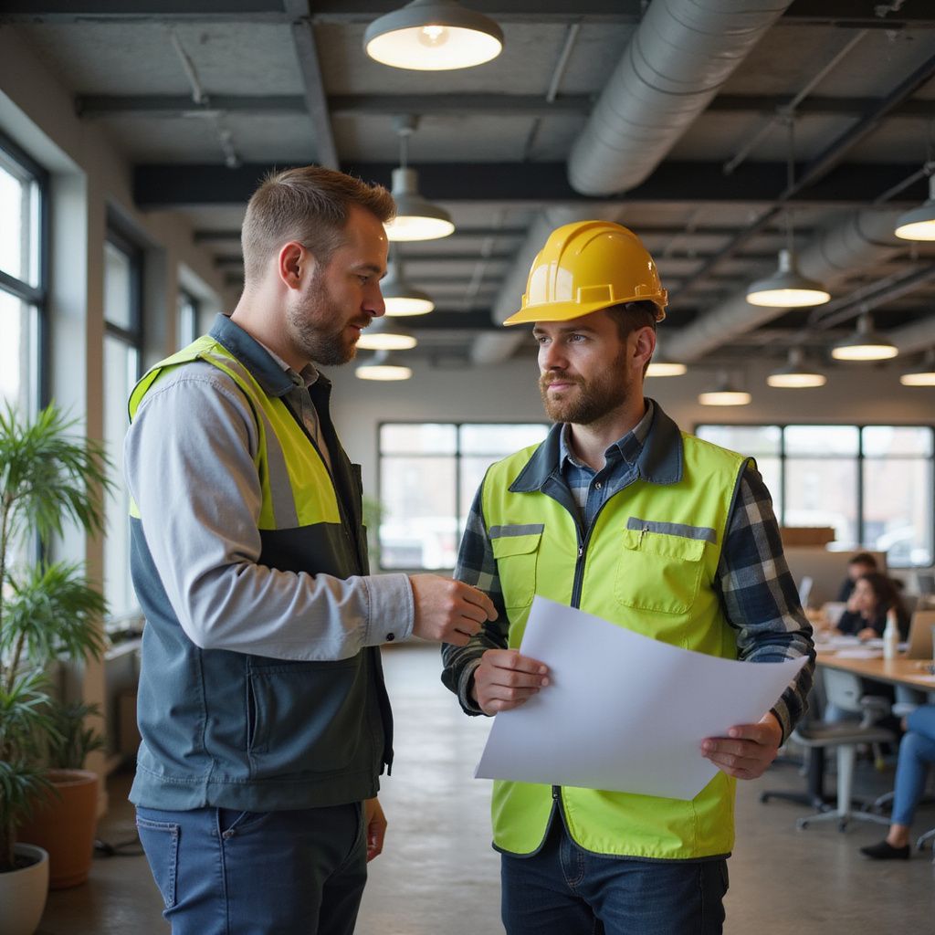 Two men in safety vests discussing blueprints in an office, one wearing a yellow hard hat.